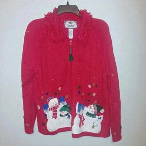 Tiara International Xmas Holiday Snowmen Zip Up Ugly Christmas Sweater Party  M